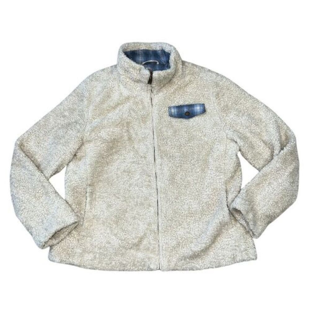 Pendleton Fuzzy Sherpa Zip Up Jacket Shacket Cozy Cream‎ with Blue Plaid Size XL